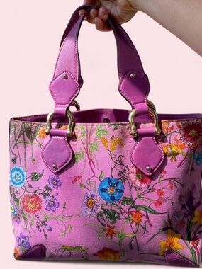 Gucci Pink Floral Canvas Tote with Purple Leather Trim
